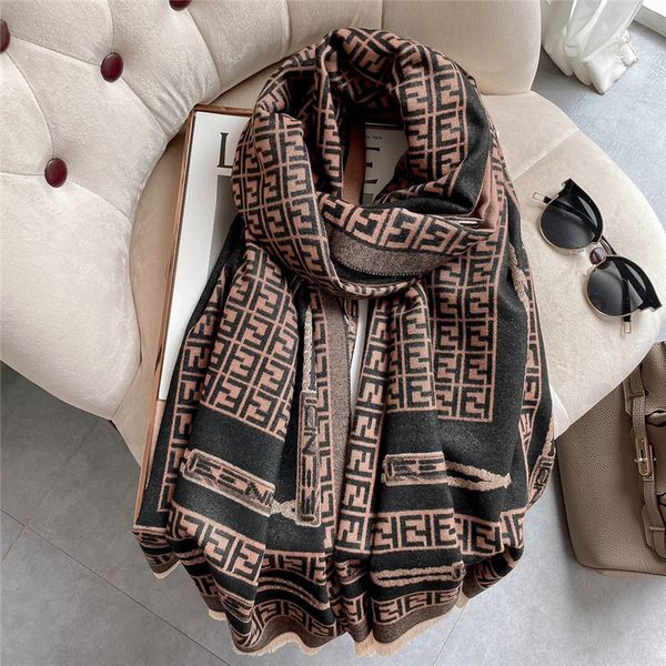 

new imitation cashmere scarf in and women's letter chain double-sided thickened short beard tassel shawl live broadcast, Blue;gray