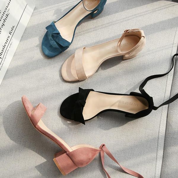 

new 2021 summer shoes women sandals girls female 4cm square middle heels ankle straps flock sandals heels, Black