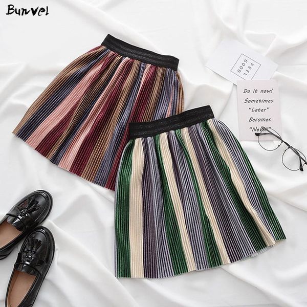 

skirts bunvel toddler baby girls pleated skirt vintage kids girl clothes spring fashion striped velvet 2021, Blue