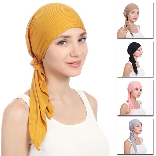 

beanie/skull caps elastic cotton solid color wrap head scarf hats muslim turban bonnet for women inner hat female turbantes pre-tied cap, Blue;gray