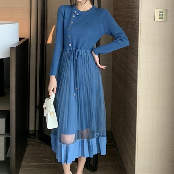 

casual dresses spring and autumn dress women knitted stitched mesh drill button decorative long sleeve temperament fashion slim lady, Black;gray