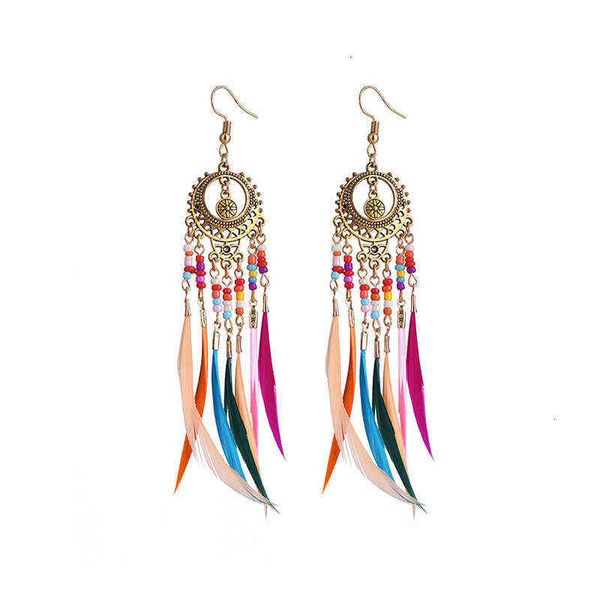

2021 fashion hollow out long feather earrings colorful rice beads tassel earrings bohemia, Golden