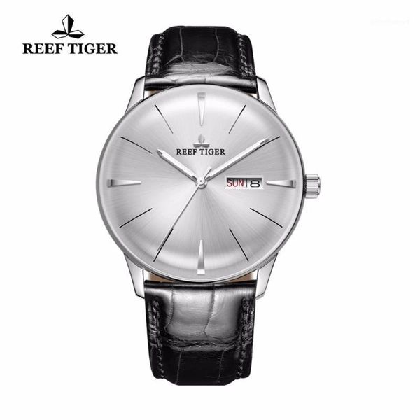 

reef tiger/rt brand men watches convex lens genuine leather strap steel automatic mechanical with date day wristwatches, Slivery;brown