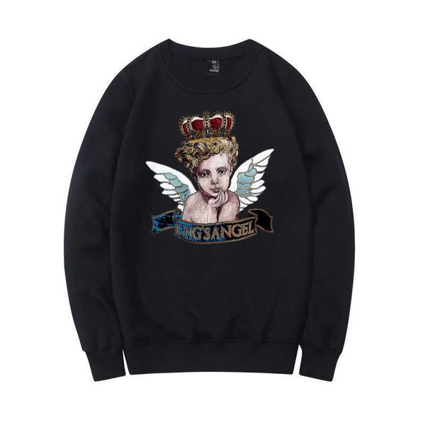 

men's fashion angel printed men's round neck sweater, Black