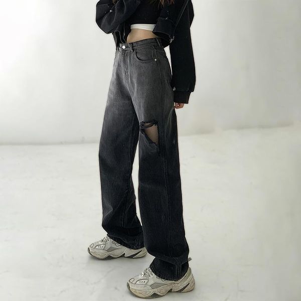 

women's jeans boyfriend for women clothes loose streetwear ripped femme high waist straight denim pants baggy trousers q4420, Blue