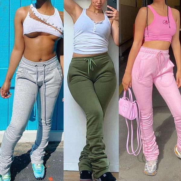 

autumn winter solid bandage womens pant stacked leggings sweatpants outfits fashion girl casual pants party sport streetwear, Black;white