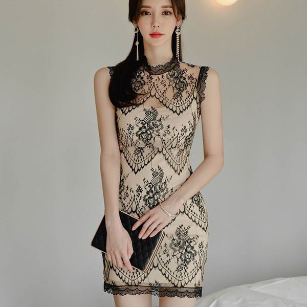 

2021 new elegant lace sleeveless mini dress women summer solid pencil dresses fashion bodycon vestido vgxn, Black;gray