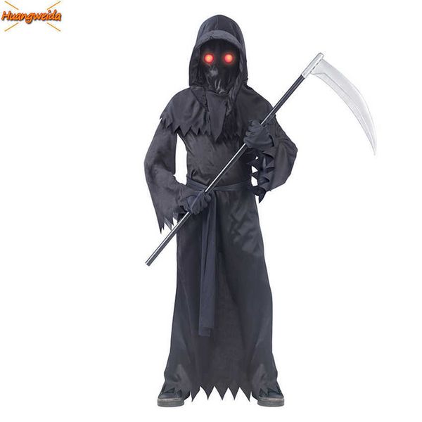 

terror grim reaper costumes luminous eyes death hook sickle boys cosplay anime children halloween costume for kids carnival prop q0910, Blue