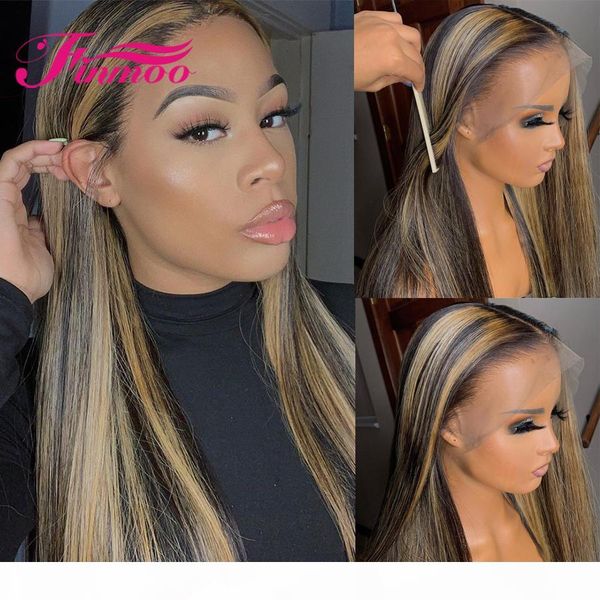 

straight highlight ombre lace front human hair wigs 13x3 brazilian remy brown honey blonde wig for women pre plucked 180 density, Black
