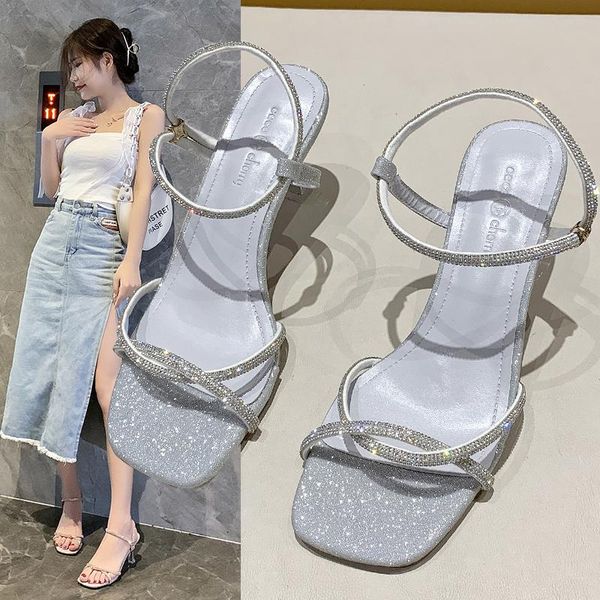

sandals shoes open toe 2021 summer heels buckle strap suit female beige peep girls high rhinestone black low stiletto clear