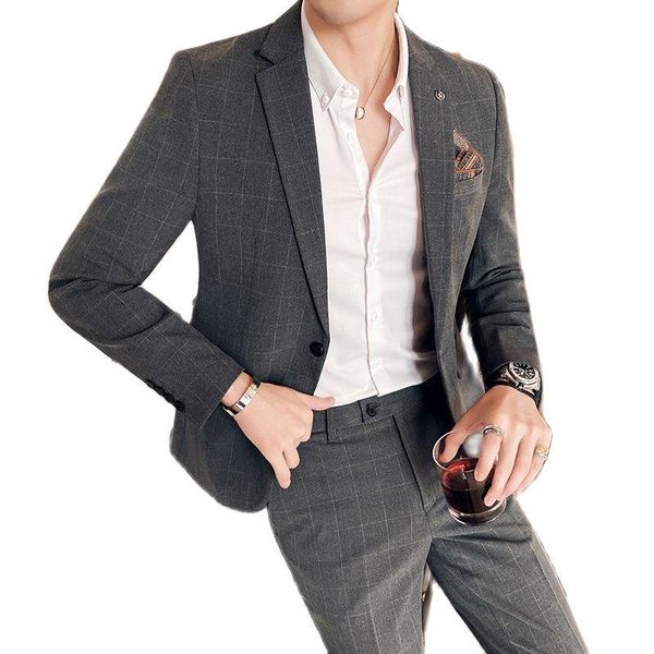 

men's suits & blazers ( jacket + pants ) brand bridegroom wedding dress plaid suit 2 piece mens formal business stage performance show, White;black