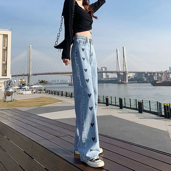 

high waistband brem spring 2021 new women's thin pants loose in straight-leg leg leg-leg brim student's embroidered love 016r, Blue
