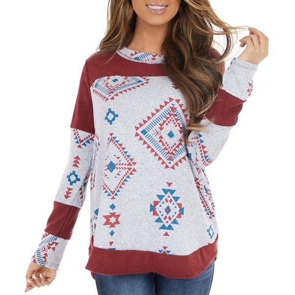 

40-# women casual around the neck geometric print stiksels losse lange mouw t-shirts female football top, White