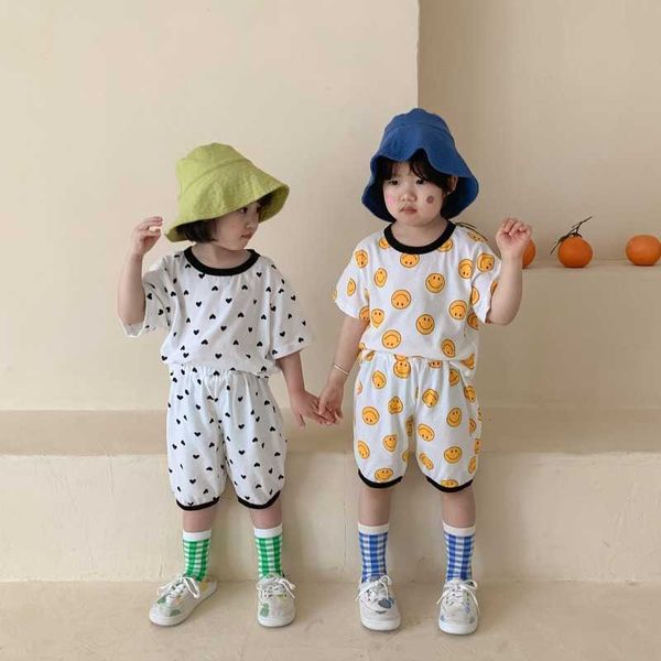 

summer cute cartoon short sleeve sets for boys and girls cotton loose casual 2pcs clothes set 210615, White