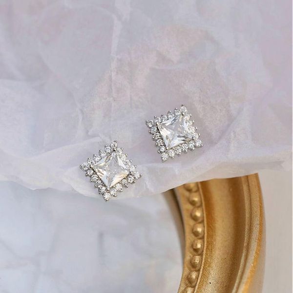 

stud female small square earrings luxury crystal zircon stone wedding real 925 sterling silver gold for women, Golden;silver