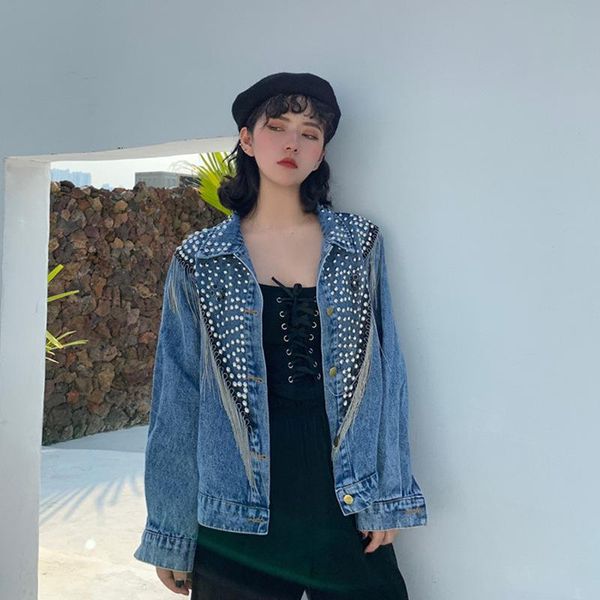 

women's jackets bead jeans jacket fall diamond tassel short 2021 heavy industry nail denim, Black;brown