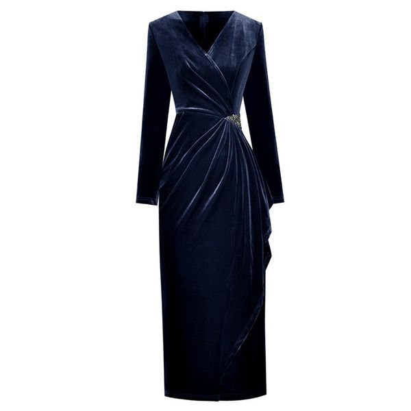 

casual dresses luxury clothes big size wine/navy velvet rhinestone ruffles draped midi women for party and wedding, Black;gray