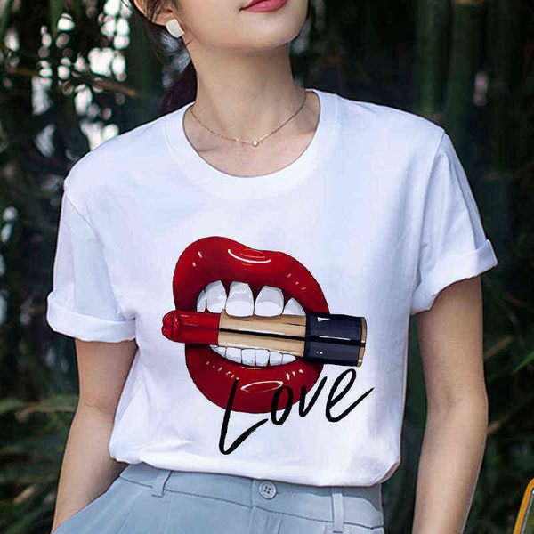 Sommer Damen Tops Red Mouth Lip Love Print T-Shirts Mode Oansatz Kurzarm Kleidung T-Shirt Harajuku Freizeit Weißes T-Shirt X0628