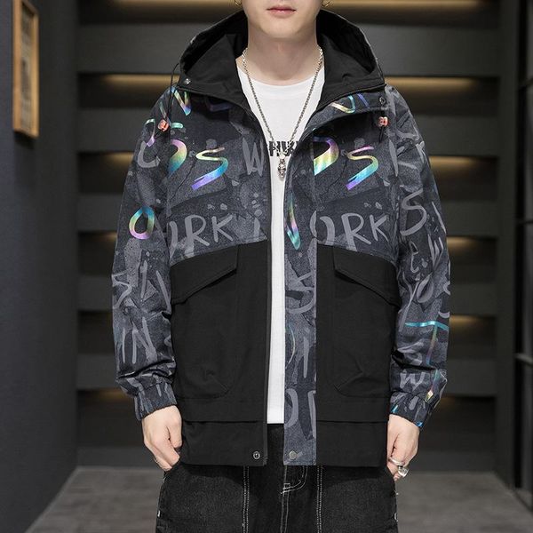 

men's jackets fashion personality fluorescent letter printing hooded jacket spring and autumn korean loose wind breaker men, Black;brown