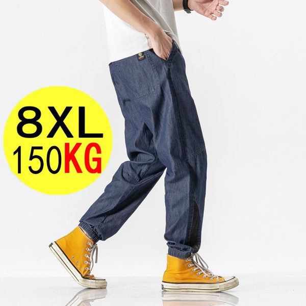 

men's jeans 8xl oversize casual pants men clothing streetwear trend loose male brand breathable summer plus size trousers, Blue