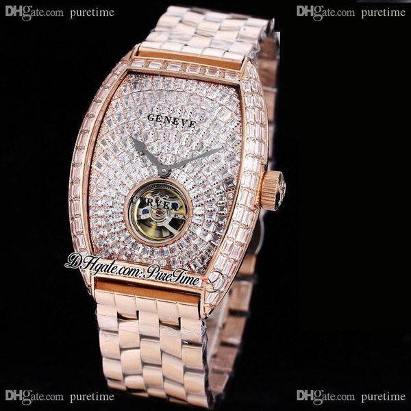 

twf v2 cintrÃ©e curvex automatic tourbillon mens watch paved baguette cut diamonds dial 18k rose gold stainless steel bracelet super edition, Slivery;brown