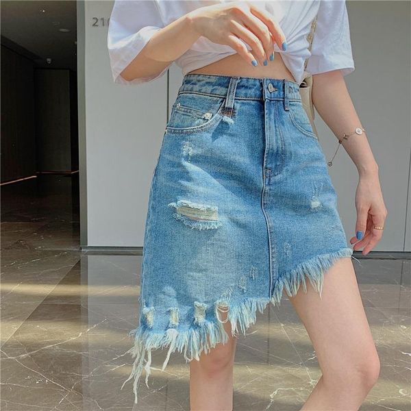 

skirts denim skirt a-line female spring 2021 irregular fringe short hole bag hip, Black