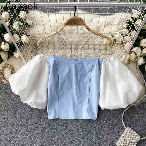 

sweet blouse women summer slash neck puff sleeve patchwork short shirts korean fashion chic wild slim blouses 210531, White