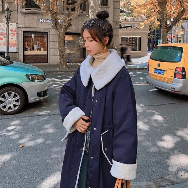 

women's down & parkas snordic s-2xl women autum winter thicken patchwork long lamb wool cotton coat jacket drawstring-waist overcoat, Black