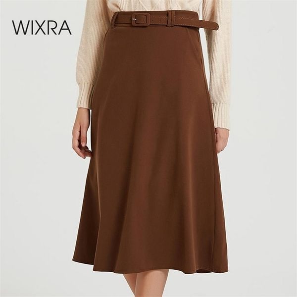 

wixra new basic solid sashes skirts elegant high waist loose a line skirt autumn winter ladies bottom 210315, Black