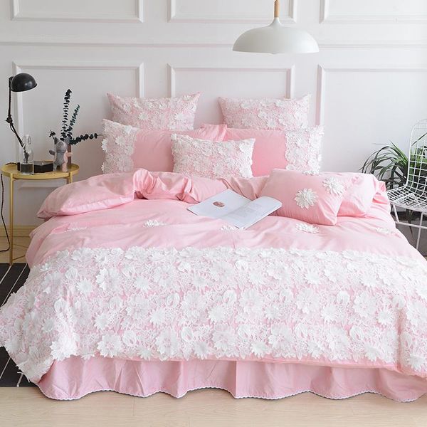 

bedding sets princess style pink gray blue white 100% cotton girl duvet flowers cover bed wedding skirt pillowcases sheet set