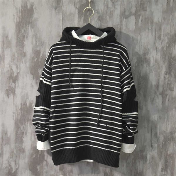 

fashion sweater simple stripe knitted shirt long sleeve bf style men's hooded korean version harajuku, White;black