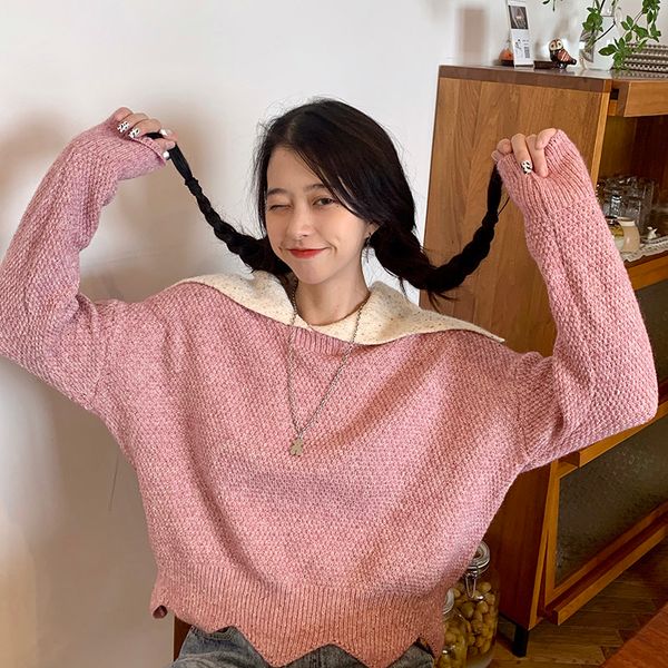 

2021 new navy collar female sweet short wave pattern loose wild knitted sweater fashion warm 4l6s, White;black