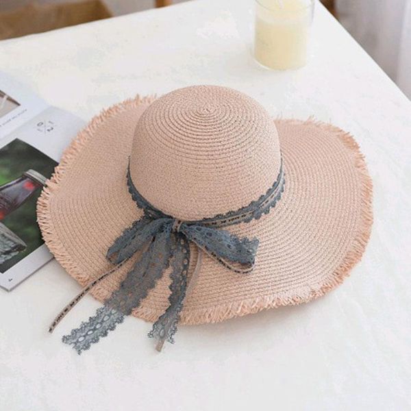 

wide brim hats fashion lace straw hat for women summer women's casual big brimmed cap foldable visor breathable sunscreen beach sun, Blue;gray