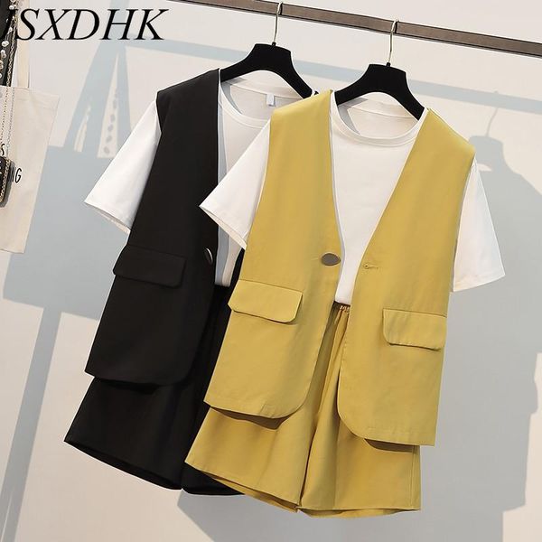 

women's tracksuits jsxdhk 2021 summer 3 piece shorts sets plus size women o neck white loose t-shirts + yellow vest elastic waist suits, Gray