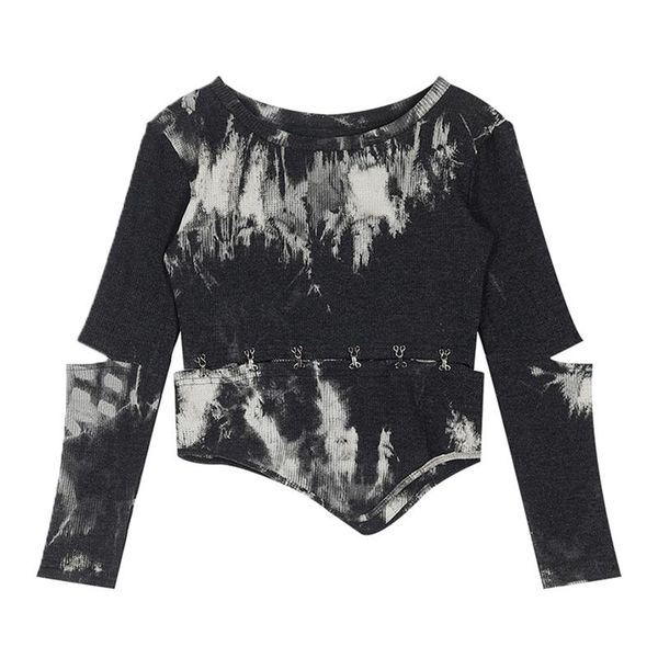 

women's t-shirt hollow stitching separable tie-dye asymmetric t shirt women streetwear long sleeve split crop o neck pullover tees, White