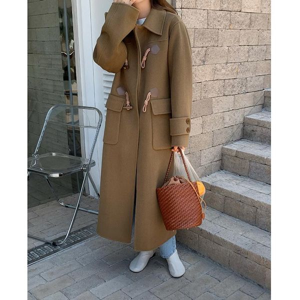 

women's wool & blends horn about double the han edition cloth coat in qiu dong season loose woolen female long years, Black