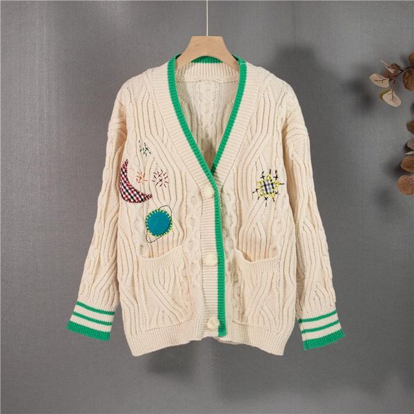 

women's knits & tees runway fall korean twist embroidery sweater knitted stripe thick sweet elegant brand cardigan chic coat, White