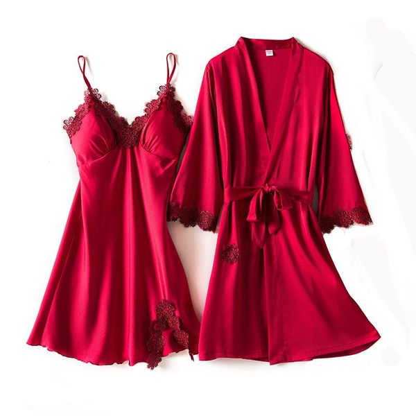 

women's sleepwear pyjamas suit pajamas set satin womens lace nightwear spring female lounge with chest pads home wear, Black;red