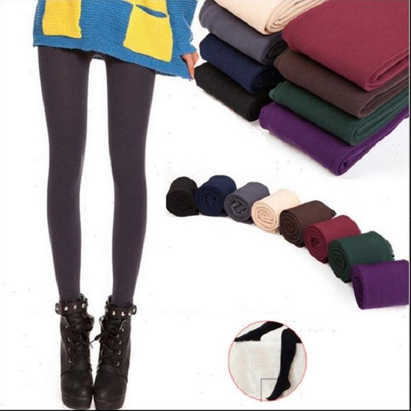 

autumn winter thick warm siamese women legging candy color brushed charcoal stretch fleece soft lined thermal, Black