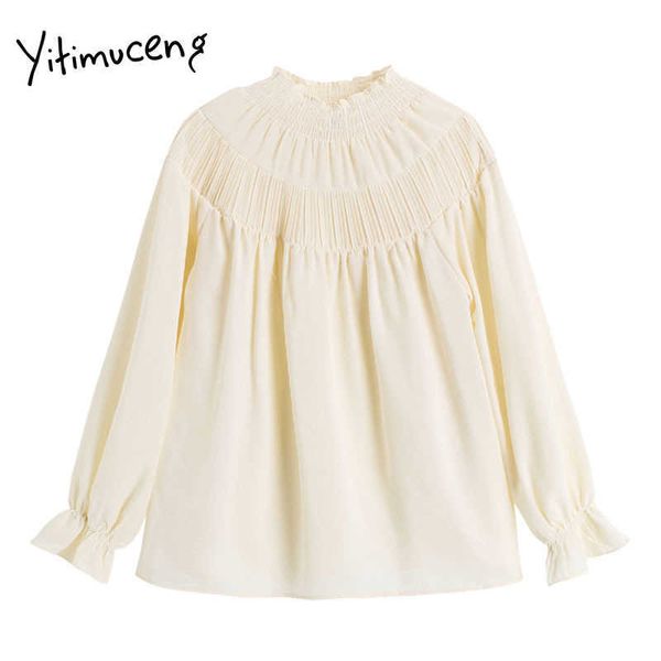 Yitimuceng Falten Bluse Frauen Shirts Lose Frühling Mode Koreanische Halb Hohe Kragen Prinzessin Ärmeln Chiffon Süße Tops 210601