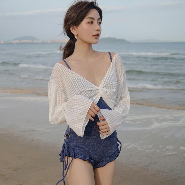 

2021 summer new swimsuit fashion slim one piece swimsuit long sleeve blouse two piece set bathing suit women beach wear