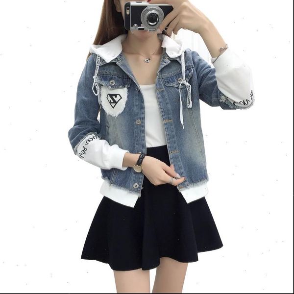

new autumn casual hooded short denim jacket women fashion splicing patch coat plus size loose jackets jeans coat female, Black;brown
