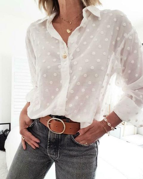 

women's blouses & shirts fashion womens long sleeve polka dot elegant white ol shirt ladies chemise femme blusa feminina streetwear