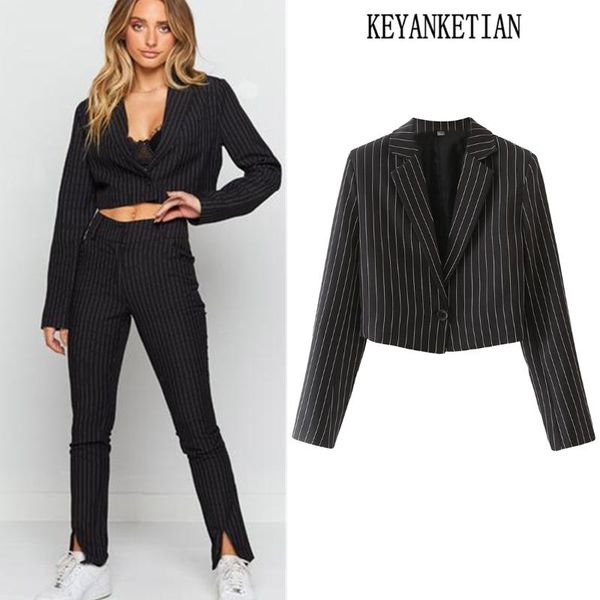 

women's suits & blazers keyanketian 2021 spring and autumn long sleeve striped one button ladies short suit black jacket top, White;black