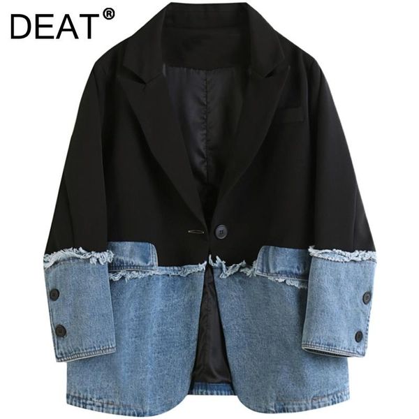 

women's suits & blazers [deat] women blazer temperament single long sleeve splicing denim loose fit coat fashion tide spring autumn 202, White;black