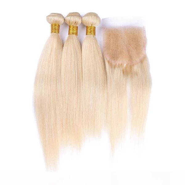 

brazilian blonde human hair with closure #613 bleach blonde brazilian straight hair 3bundles with 1pc 4x4 lace closure 4pcs lot, Black