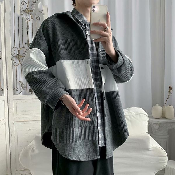 

autumn striped color matching jacket men's cardigan tweed korean fashion youth neutral loose versatile lapel coat, Black;brown