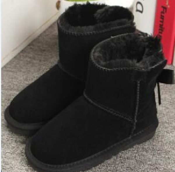 Scarpe firmate calde Ragazzi e ragazze Bailey 1 Stivali con fiocco Bambini Slip-on impermeabili Stivali invernali in pelle di mucca in cotone