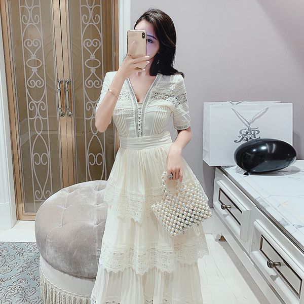 

spring and summer new celebrity very fairy dignified holiday goddess v-neck bow cake plied dress long kawaii rofy, Black;gray