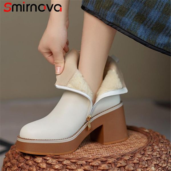 

boots smirnova 2022 est high heels platform shoes women ankle zip round toe winter genuine leather snow, Black